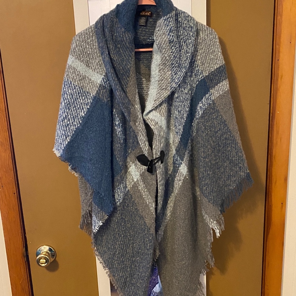 Stylish Gray and Blue Women's Poncho Coat